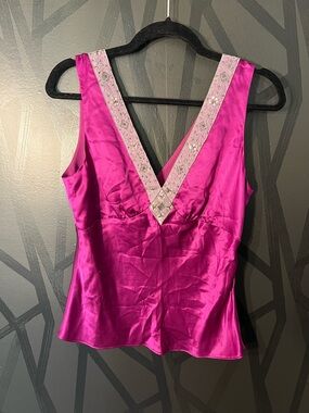 Fuchsia silk V-Neck Tank with Embellished Trim